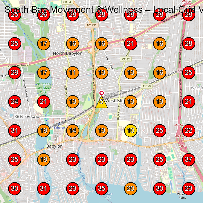 South Bay Movement & Wellness GeoGrid visibility map for Physical Therapy Clinic in Babylon
